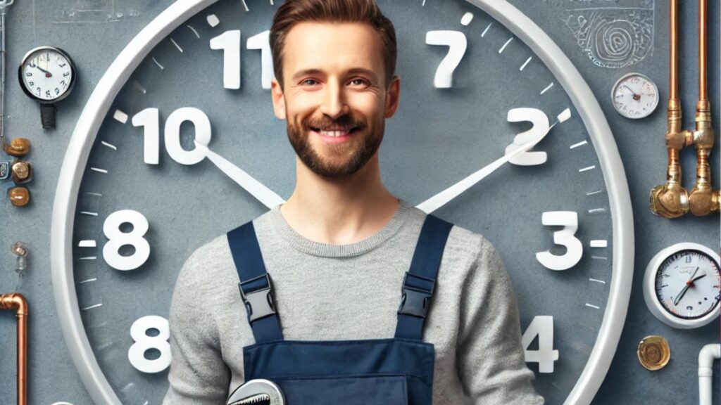 Handwerker im Blaumann vor einer großen Uhr als Sinnbild für den Notdienst
